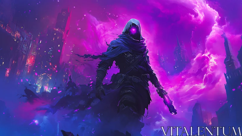 Hooded voidwalker strides through neon-magenta stormscape.