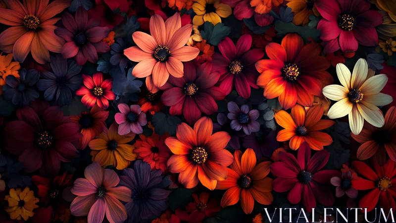 Luminous Daisy Composition Rendered in Vibrant Jewel Tones and Dramatic Chiaroscuro