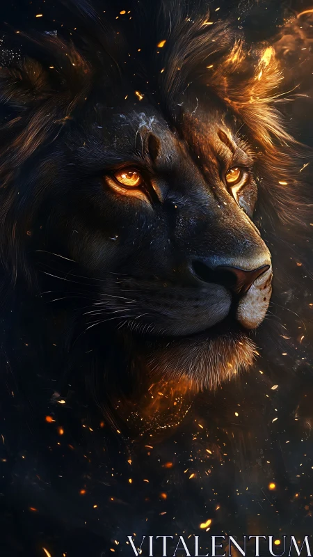 Digital rendering shows a lion head amid stylized embers