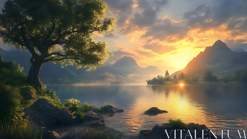 Sunlit mountain lake with lone tree beside reflective water