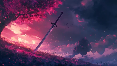 Legendary sword under crimson twilight sky in meadow scene.