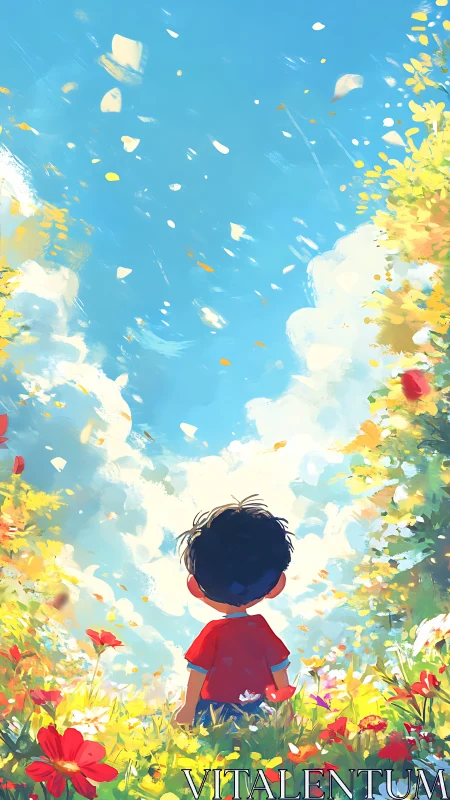 Child gazes into luminous sky above blooming summer meadow