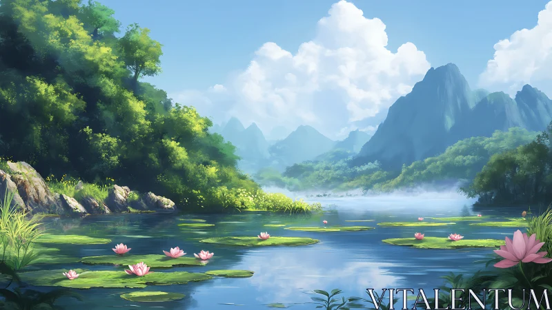 Lotus islands afloat beneath storybook emerald mountains.