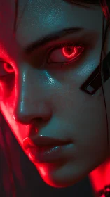 Cyborg face shows glowing red cybernetic eye in closeup