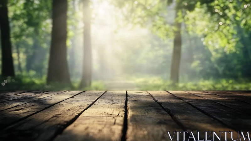 Wooden deck surface with forest path and diffused sunlight filtering through tree canopy