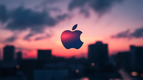 Apple-style sunset logo hovering above dreamy city glow.