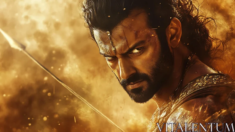 Warrior portrait in golden dust with intense gaze profile.