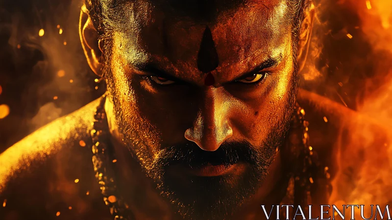 Fire-forged warrior glare framed in molten halo of embers.