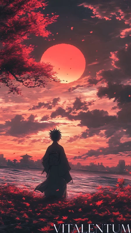 Silent sunset stroll beneath a glowing crimson sky.