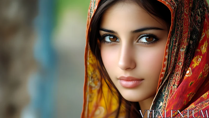 Woman in patterned headscarf with direct, calm gaze.