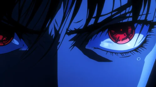 Close-up anime stare uses high-contrast red irises and blue shadows