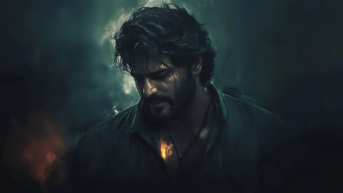 Low-key digital portrait with glowing chest core illumination