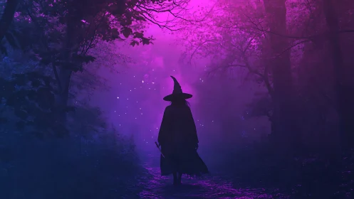Spectral witch silhouette in bi-chromatic enchanted forest path.