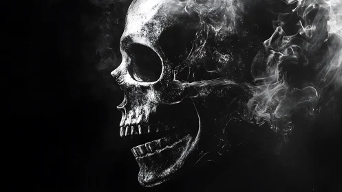 Cracked human skull dissolves into swirling smoke forms