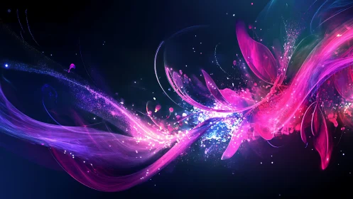 Vivid neon light trails explode across a cosmic dark canvas