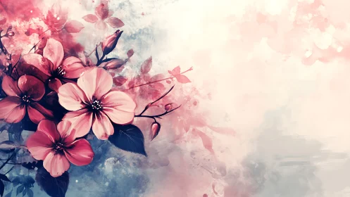 Pink cosmos flowers dissolving into watercolor abstraction