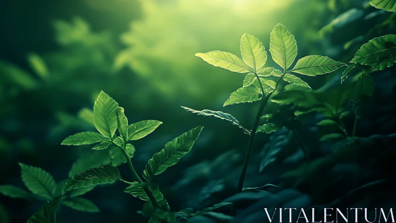 Sunlit forest leaves reaching softly toward the morning glow.