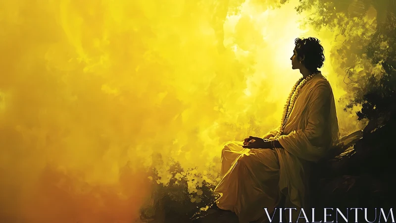 Golden spiritual calm surrounds a serene meditating figure
