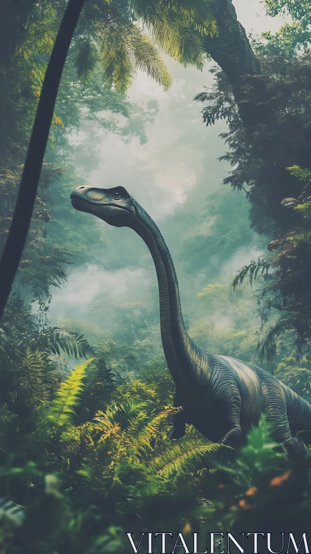 Sauropod dinosaur roaming misty prehistoric rainforest.