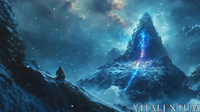 Snowbound mountain landscape shows luminous central energy fissure