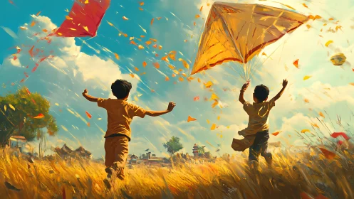 Children Flying Kites in Golden Fields.