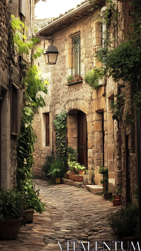 Sunlit stone alleyway with potted plants and rustic charm.