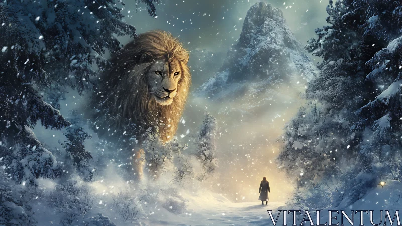 Colossal winter lion guards a lone wanderer&rsquo;s glowing path.