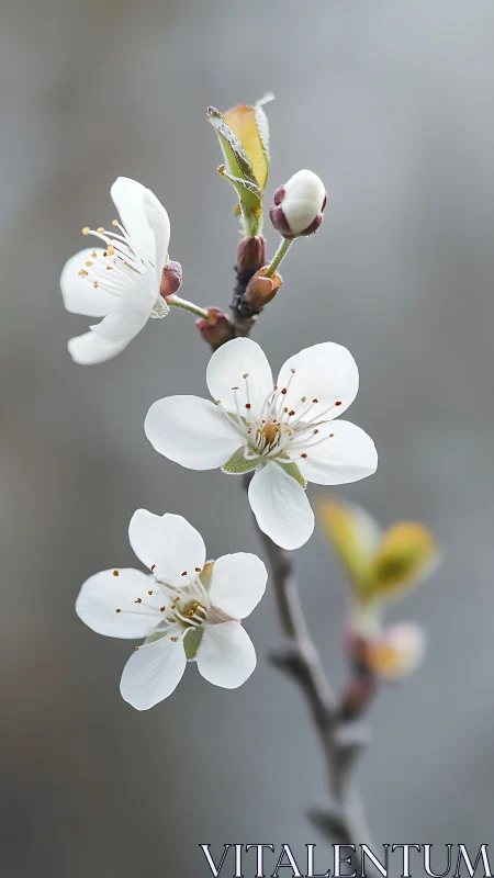 Macro study of white blossom spray on muted bokeh ground.