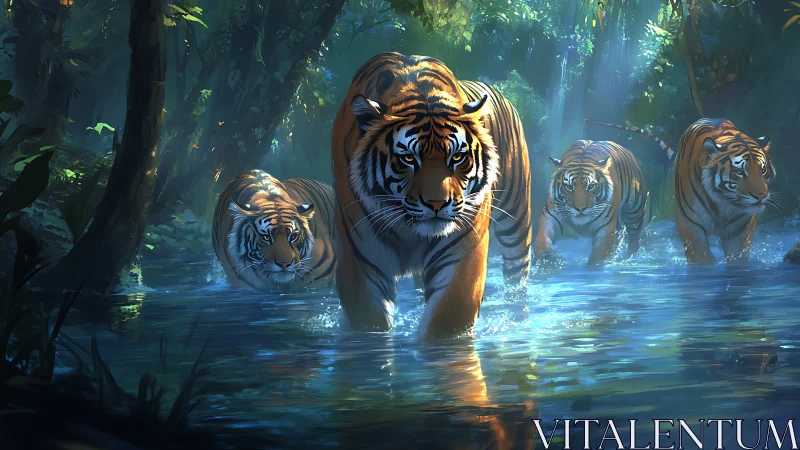 Radiant jungle tigers advancing through refracted waterlight.