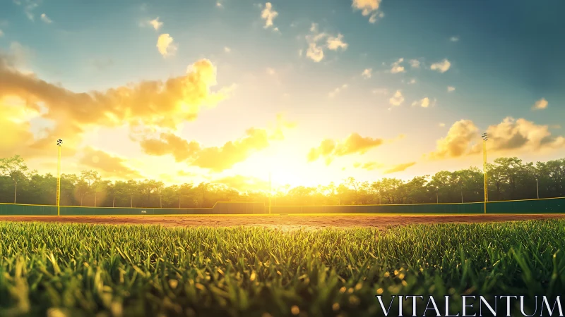 Sunlit baseball field glows under a dramatic summer sunset sky