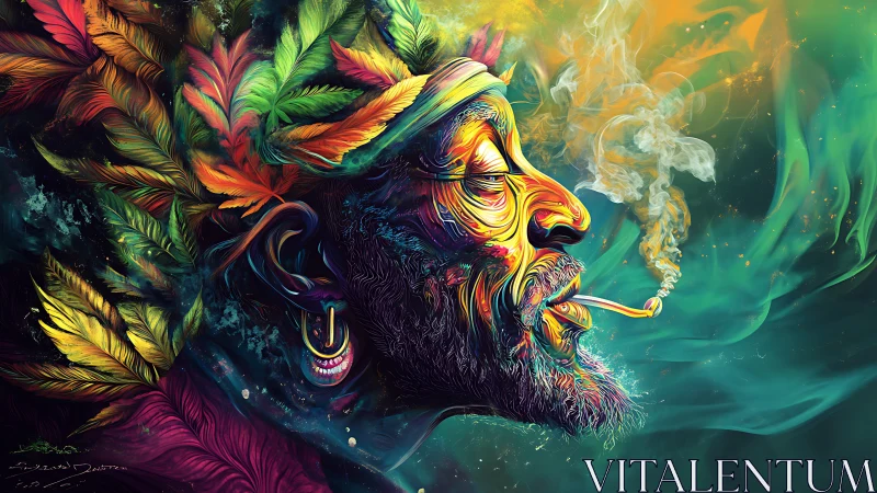 Psychedelic profile portrait merges elder smoker with foliage