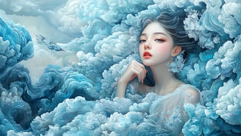 Ethereal cloud maiden in baroque blue vortex digital painting.