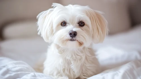 Photorealistic portrait of white lapdog on soft bed linens.