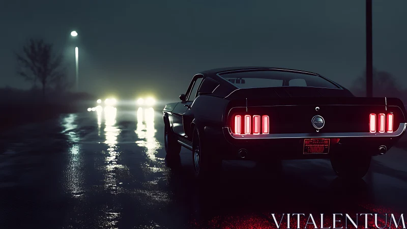 Classic fastback muscle car on wet neon-lit night highway.