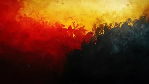 Abstract color field shows layered red, yellow and dark zones