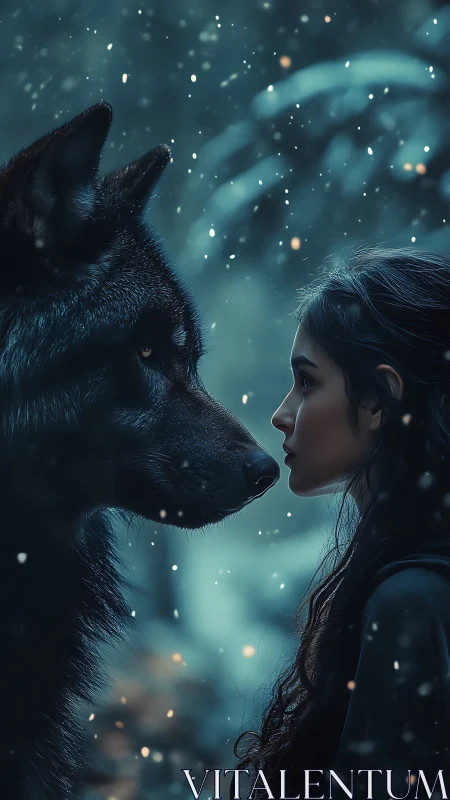 Girl faces black wolf in snowy forest standoff at dusk.