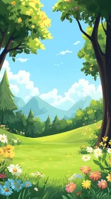 Idyllic Spring Valley Landscape with Flowering Meadow and Mountain Vista