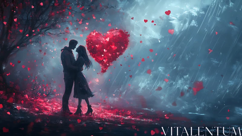 Passionate Embrace Beneath Crimson Heart's Rainfall.