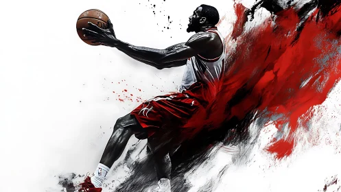 Basketball player drives forward through red abstract motion