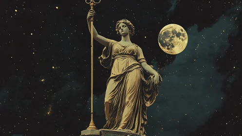 Classical robed statue stands before full moon in space