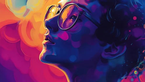 Neon dreamer gazes skyward in swirling prismatic glow.