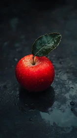 Red apple with water droplets rests on dark reflective surface