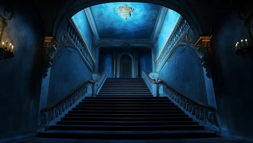 Grand blue staircase in dimly lit classical interior.