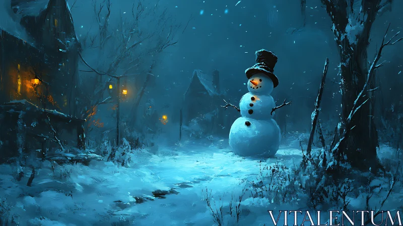 Snowman in dimly lit winter village street at night.
