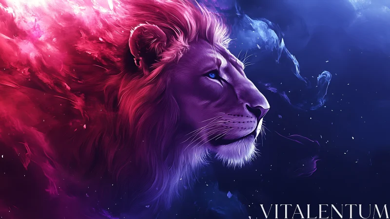 Profile view of stylized lion amid pink and blue nebulae.