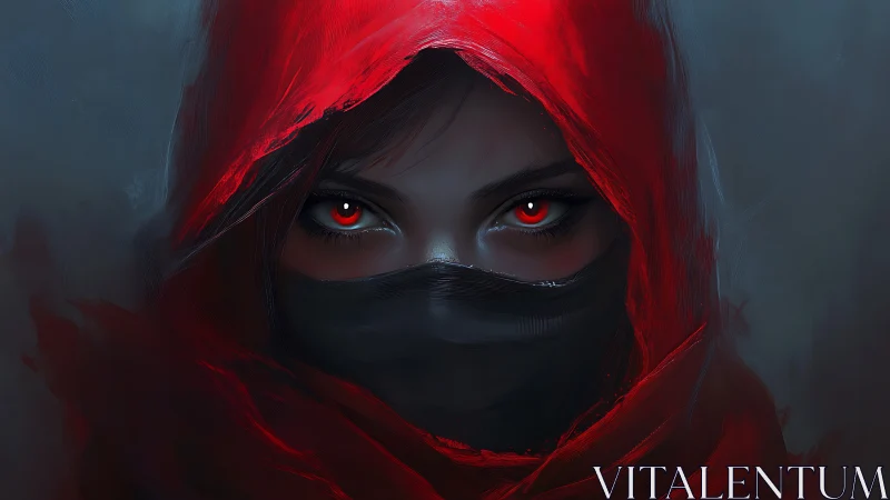 Scarlet hooded assassin stares forward with glowing red eyes