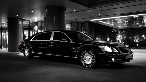 Elegant black limousine waits under soft city night lights