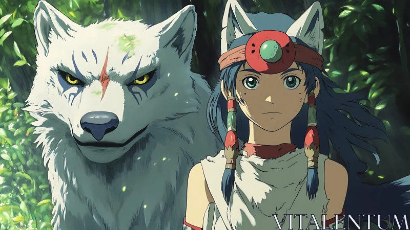 Wolf-bonded forest sentinel in luminous anime rendering.