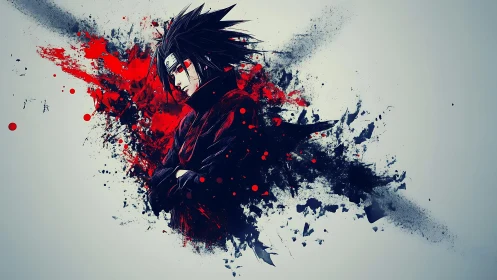 Dynamic anime warrior in splattered chromatic vector field.