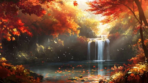 Autumn Waterfall Forest Landscape with Cascading Water and Golden Foliage